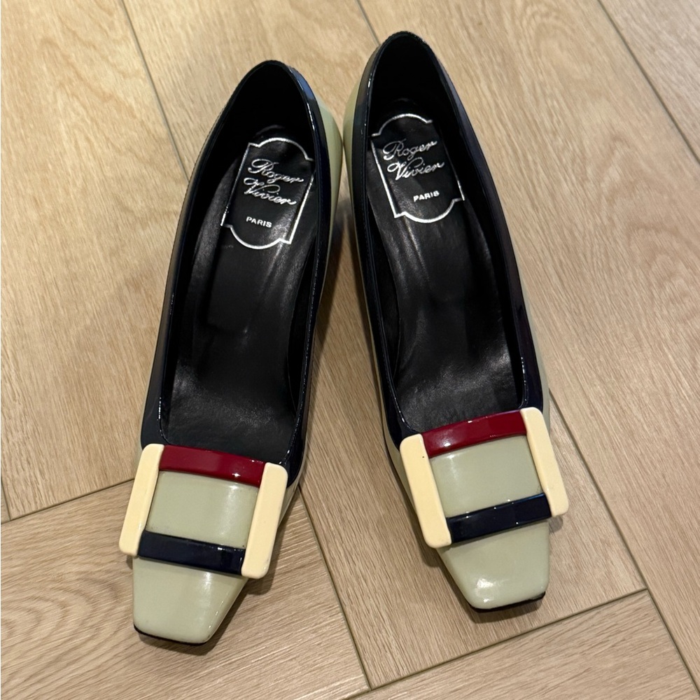 Roger Vivier Black, Cream, and Red Heels with Buckle